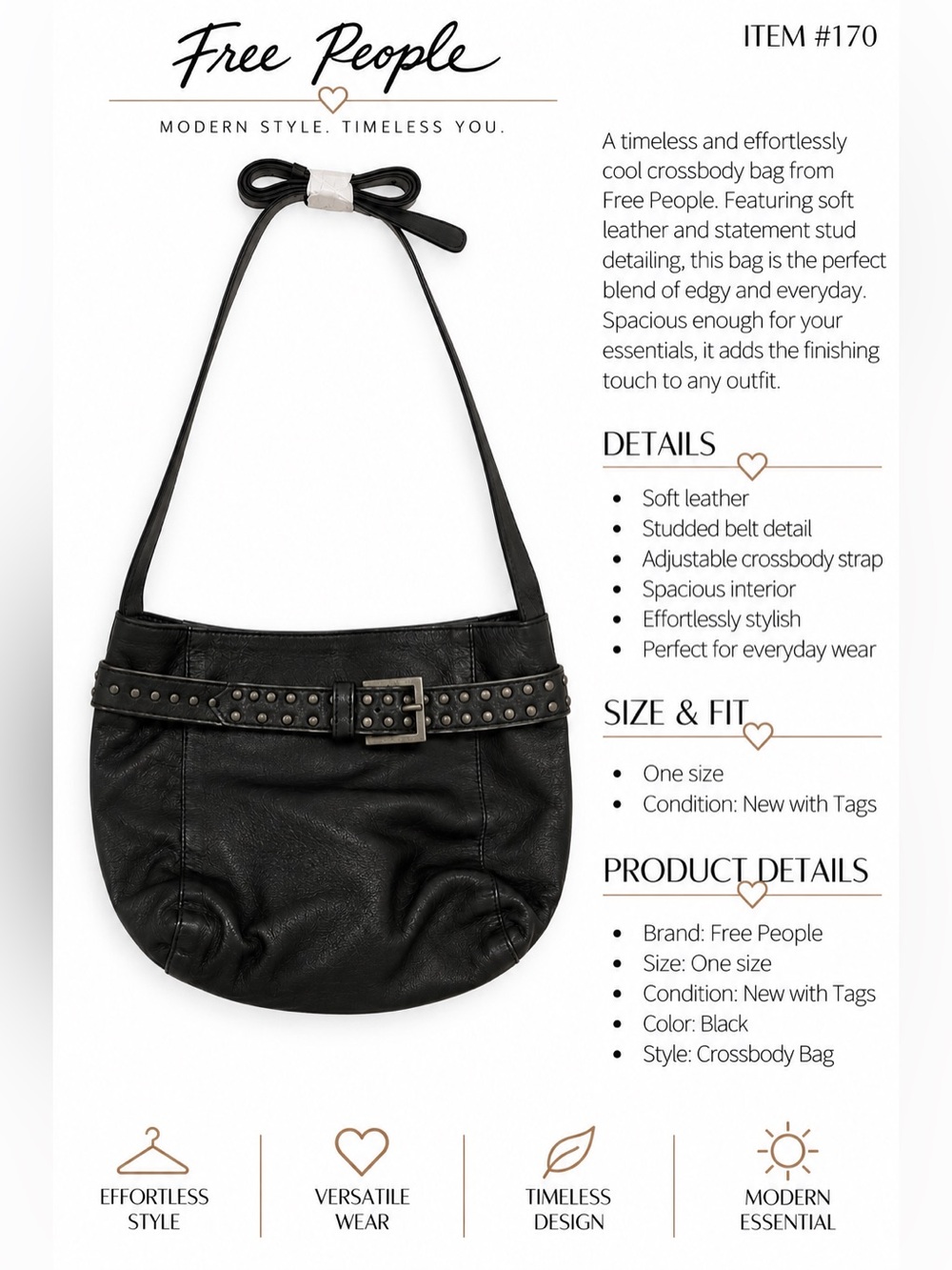 Free People Black Studded Leather Crossbody Bag